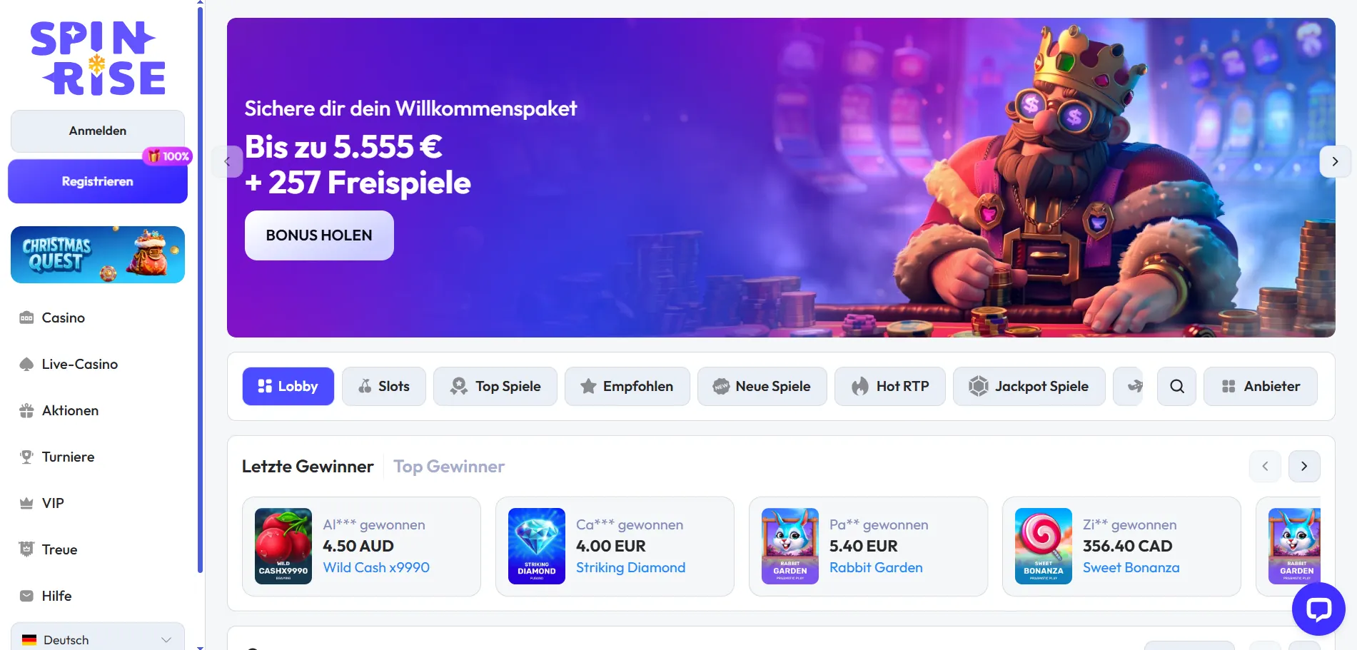 Spinrise Casino-Menü